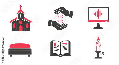 Minimalist symbols: church, hands, music, bed, book, candle icons set