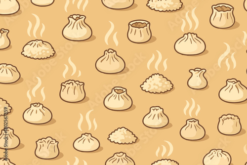 Seamless pattern of steamed dumplings and rice on tan background