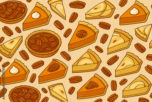 Seamless pattern of pecan, pumpkin, and apple pie slices