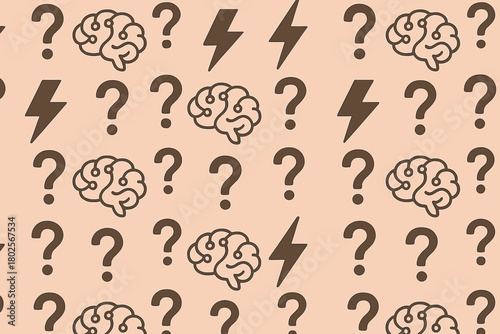 Seamless pattern with brains, lightning bolts, and question marks