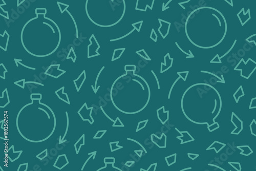 Seamless pattern of chemistry flasks, arrows, and shards