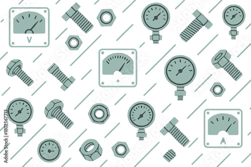 Seamless pattern with gauges, bolts, and mechanical meters