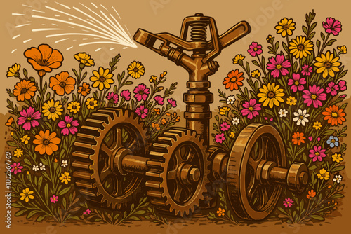 Mechanical bloom: harmony of gears and garden