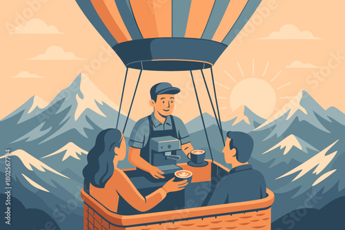 Barista serving coffee in hot air balloon over mountains