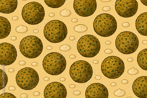 Seamless pattern of falafel balls with tahini sauce on beige