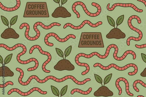 Seamless pattern with worms, seedlings, and coffee grounds