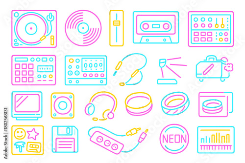 Neon DJ and music equipment icon set on vibrant gradient background