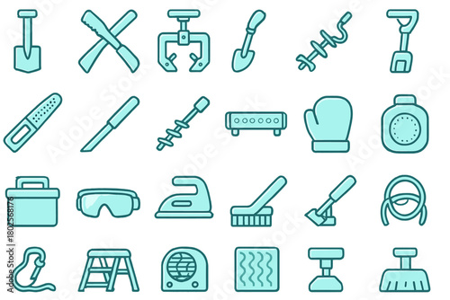 Set of construction and workshop tool icons on teal background