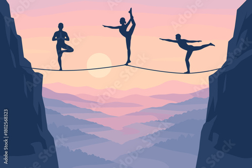 Silhouettes balancing on tightrope over scenic mountain valley