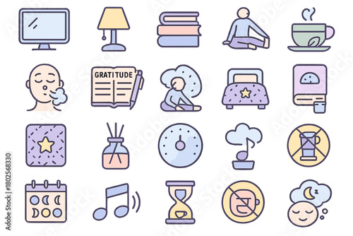 Pastel icon set for bedtime habits and wellness routines
