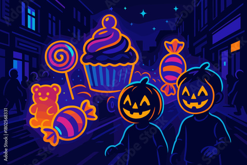 Halloween kids trick-or-treating with glowing candy and masks