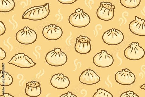 Seamless dumpling pattern with steam on warm background
