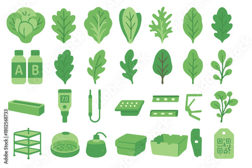 Hydroponic farming icons set – leafy greens and smart tools