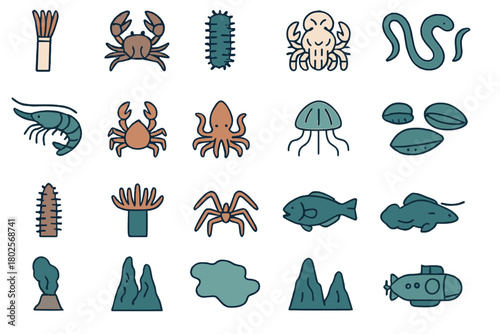 Abyssal ocean life and hydrothermal vent ecosystem icons in cool tones