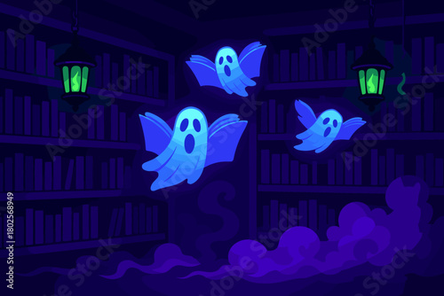 Cartoon ghosts floating in spooky glowing library