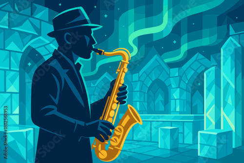 Jazz musician silhouette with saxophone in fantasy setting