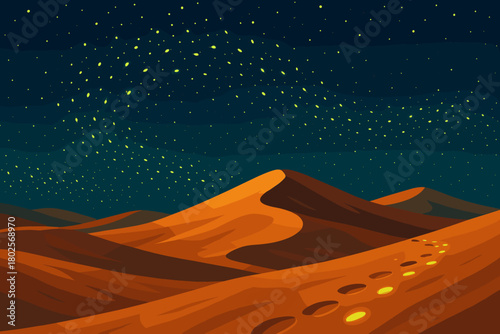 Footprints across glowing desert under starry sky