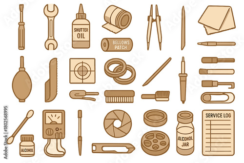 Vintage camera repair and cleaning toolkit icons