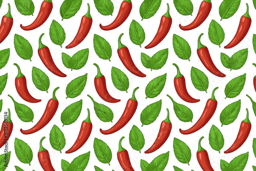 Seamless pattern with red chili peppers and green basil leaves