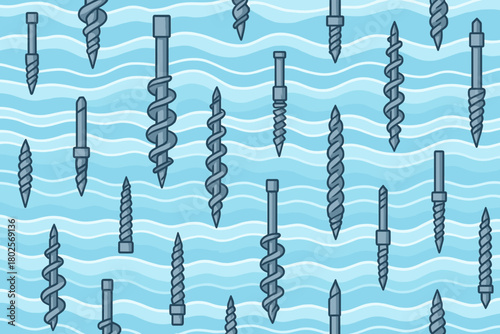 Seamless pattern of drill bits on wavy blue background