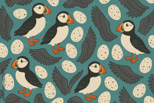 Seamless puffin pattern with wings and speckled eggs