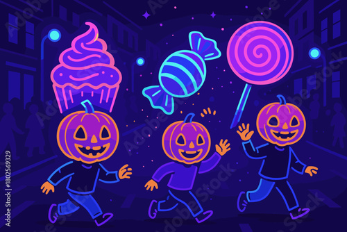 Halloween kids with pumpkin heads chasing candy in neon style