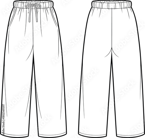 Wide leg women's lounge pants front and back elastic waist with drawcord pockets technical garment outline for fashion tech pack  illustration