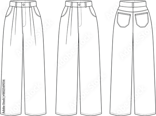 wide leg pleated pants technical fashion flat front side and back view with pockets sewing template apparel spec cad drawing flat vector illustration