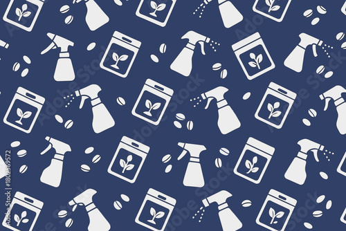 Seamless gardening pattern with seed packets, spray bottles, and seeds on navy background