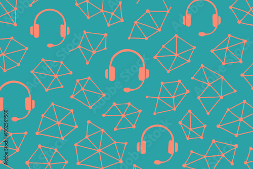 Seamless pattern with headsets and network nodes on teal background