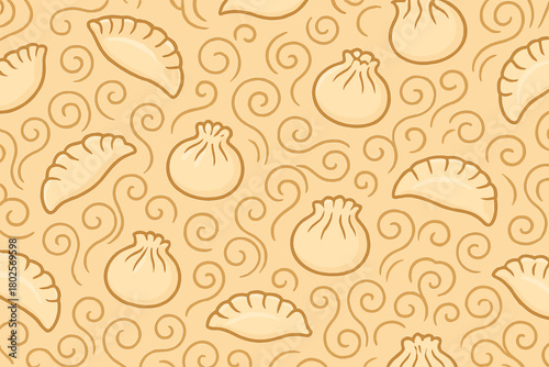 Seamless dumpling pattern with steam swirls on beige background