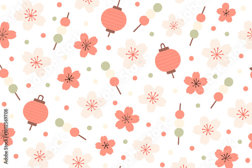 Cherry blossom seamless pattern with lanterns and mochi dango