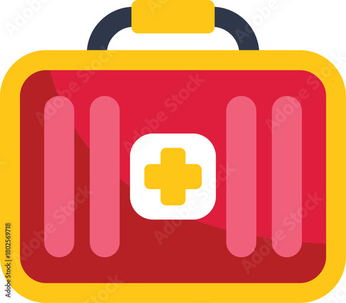Red first aid kit closed, containing medical equipment, useful to treat injuries