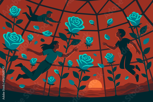 Surreal scene of floating people among glowing roses at sunset
