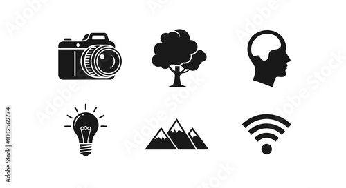 Minimalist icons set: technology and nature elements in black silhouette