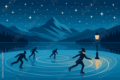 Peaceful night ice skating on a mountain lake under stars