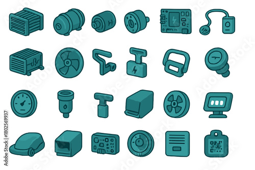 Electric lawn mower components icon set in teal tones