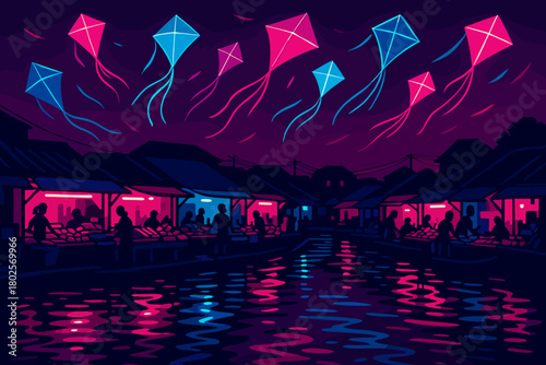 Twilight floating market with neon kites soaring above – vibrant evening scene