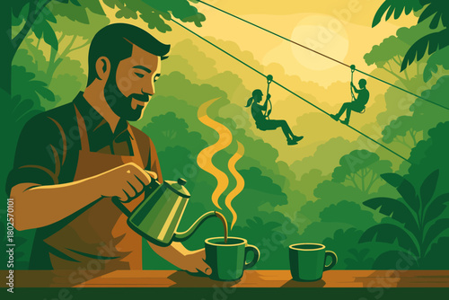 Jungle zipline cafe at sunrise