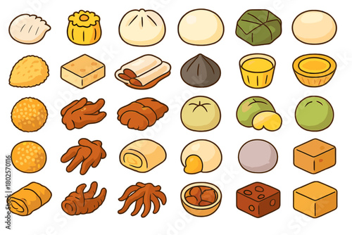 Cute illustrated Asian dim sum and snack icons on warm background