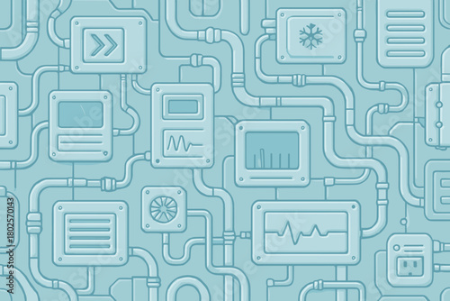 Seamless pattern of industrial control panels and pipes in a blue-toned schematic style