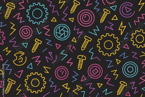 Seamless pattern of neon mechanical tools and symbols on a black background