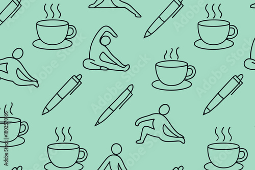Seamless pattern with yoga poses, coffee cups, and pens