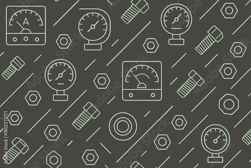 Seamless pattern of gauges, bolts, and nuts on dark background