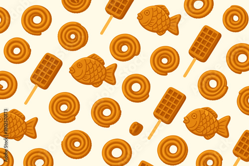 Seamless pattern of donuts, waffles, and fish-shaped pastries