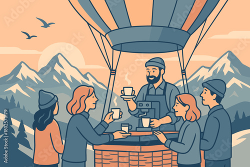 Hot air balloon café serving coffee in snowy mountain scene