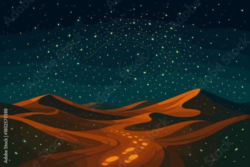 Winding path through glowing desert nightscape