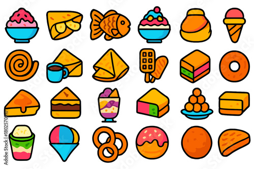 Colorful icon set of international desserts and sweet snacks