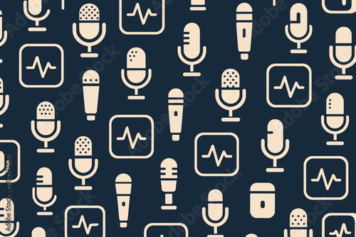 Seamless podcast and microphone icon pattern on dark background