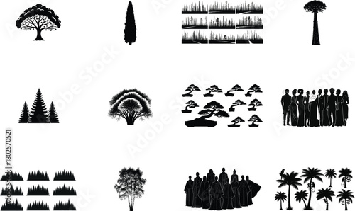 Diverse collection of black tree and people silhouettes